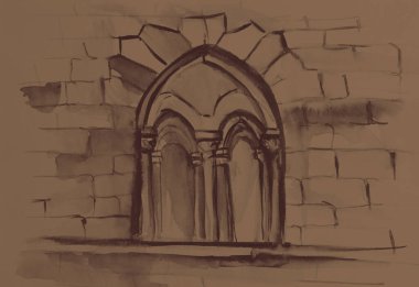 Eski tuğla kalenin suluboya resmi.