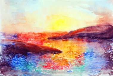 Deniz kıyısının suluboya resmini çiziyorum.