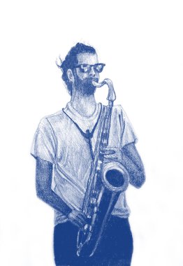 Saksafonda müzik çalan adamın suluboya resmini çiziyorum.
