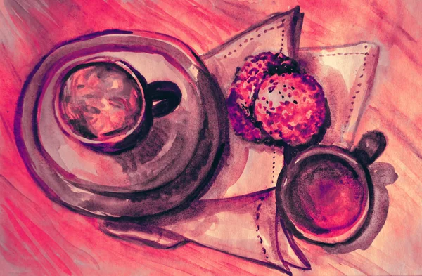 Hand Drawing Watercolor Picture Part Tea Time — Stock Photo, Image