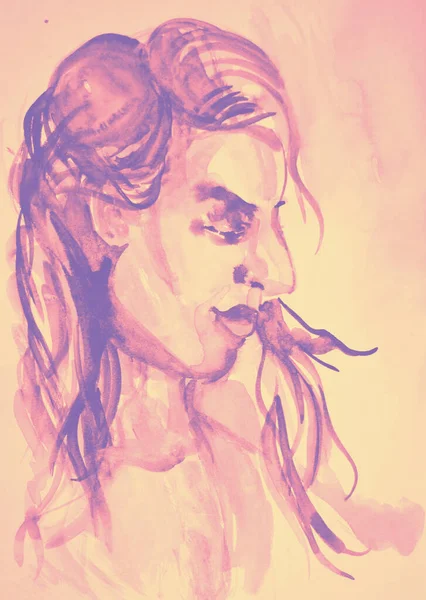 Kézzel Rajzolt Akvarell Kép Lány Nagy Orral — Stock Fotó