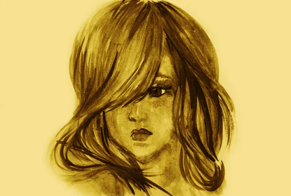 Ręcznie Rysowane Akwarelowy Portret Dziewczyny — Zdjęcie stockowe