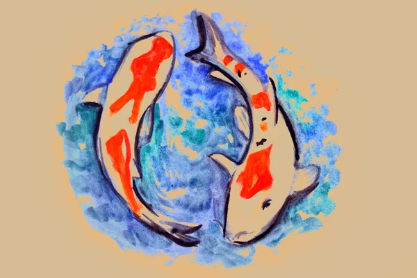 Ručně Kreslení Akvarel Obrázek Koi Ryby — Stock fotografie