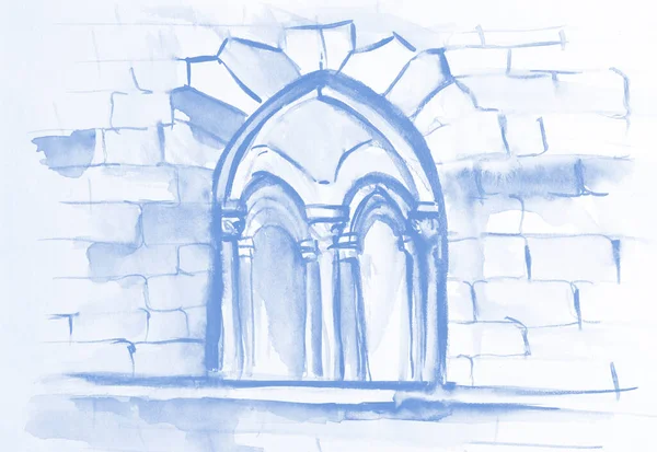 Eski tuğla kalenin suluboya resmi.