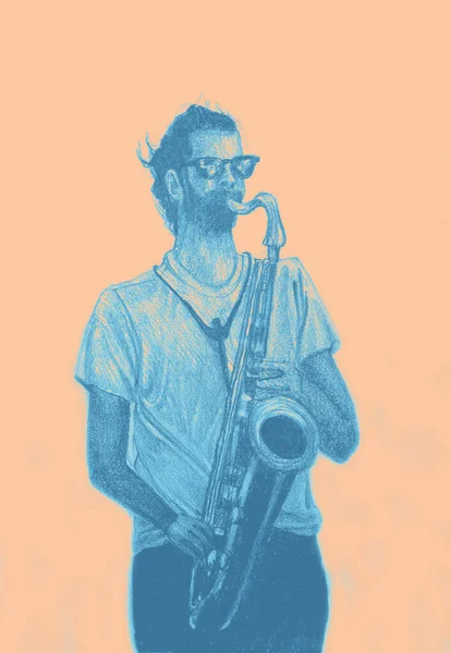 Desenho Mão Aquarela Imagem Homem Tocando Música Saxofone — Fotografia de Stock