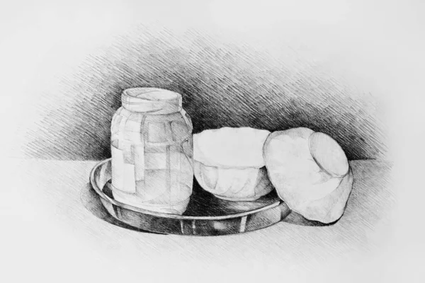 Mutfak malzemelerinin elle çizilmiş suluboya resmi