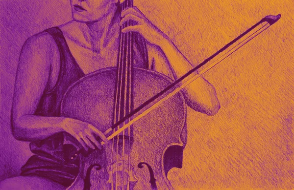 Hand drawing watercolor picture of part of woman musician playing on cello