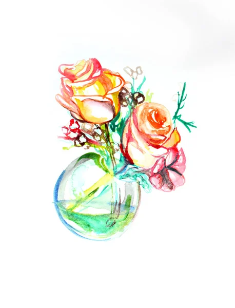 手描きの水彩画グラスポットのバラの花 — ストック写真