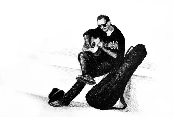 Ręczny Rysunek Akwarela Obraz Człowieka Grającego Muzykę Gitarze — Zdjęcie stockowe