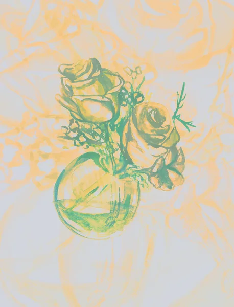 Ručně Kreslení Akvarel Obrázek Růže Květiny Skleněném Hrnci — Stock fotografie