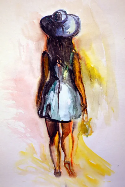 Desenho Mão Aquarela Imagem Volta Menina Chapéu Vestido — Fotografia de Stock