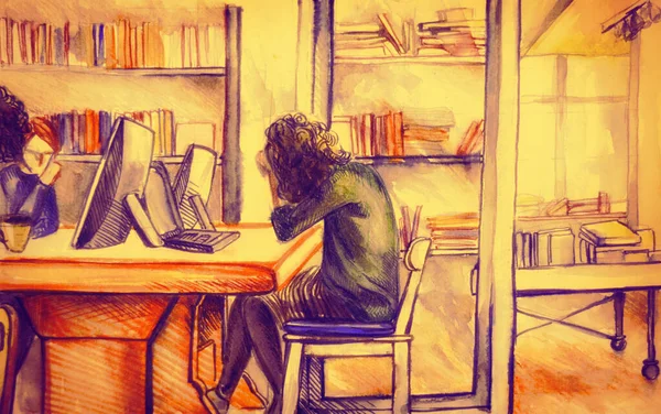 Dessin Main Aquarelle Des Personnes Travaillant Dans Bureau — Photo