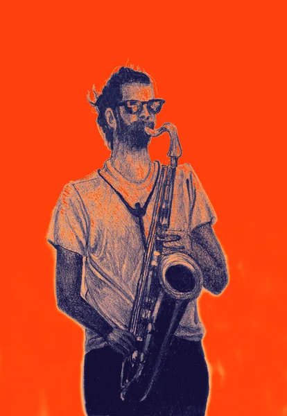 Desenho Mão Aquarela Imagem Homem Tocando Música Saxofone — Fotografia de Stock