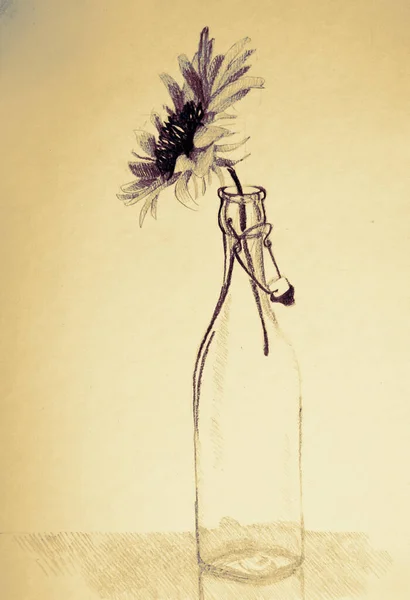 Cam şişedeki çiçeğin suluboya resmini çiziyorum.