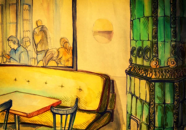 Ruční Kreslení Akvarel Obrázek Kavárny Odrazem Lidí Zrcadle — Stock fotografie