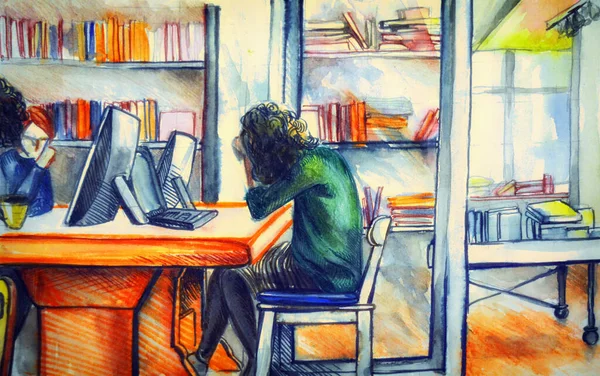 Hand drawing watercolor picture of people working in office