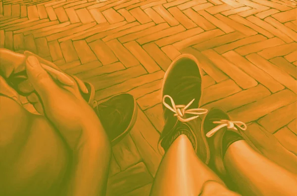 Handzeichnung Aquarell Bild Der Menschlichen Beine Schuhen — Stockfoto