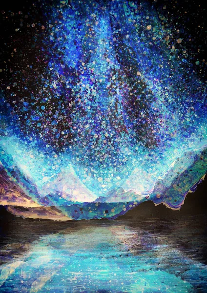 Yıldızlı gecenin elle çizilmiş suluboya resmi