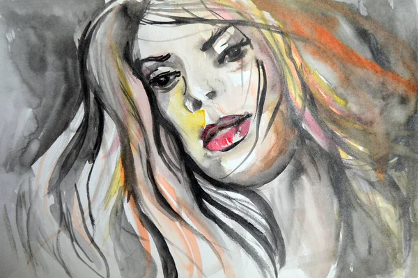 髪の長い女性の顔の手描き水彩画 — ストック写真
