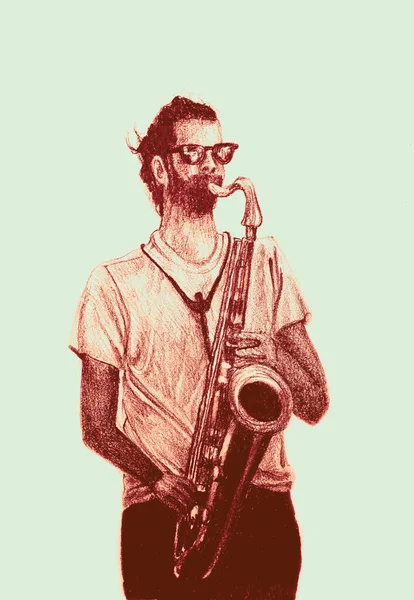 Desenho Mão Aquarela Imagem Homem Tocando Música Saxofone — Fotografia de Stock