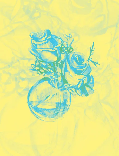 Σχέδιο Χέρι Ακουαρέλα Εικόνα Του Τριαντάφυλλου Λουλούδια Γυάλινη Κατσαρόλα — Φωτογραφία Αρχείου