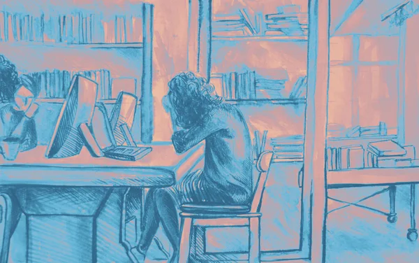 Ofiste çalışan insanların suluboya resmini çiziyorum.