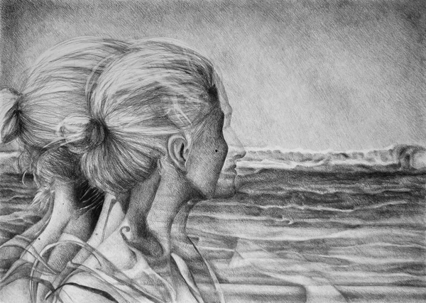 Dibujo Mano Acuarela Imagen Mujer Ensueño Mirando Distancia — Foto de Stock