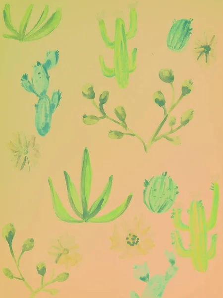 Handritad Akvarell Bild Gröna Kaktusar — Stockfoto