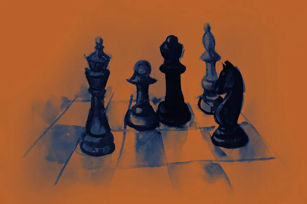 Hand drawing watercolor picture of part of chess figures