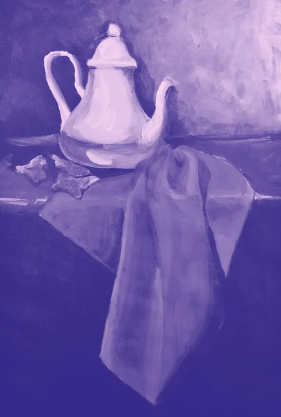 围巾茶壶手绘水彩画 — 图库照片