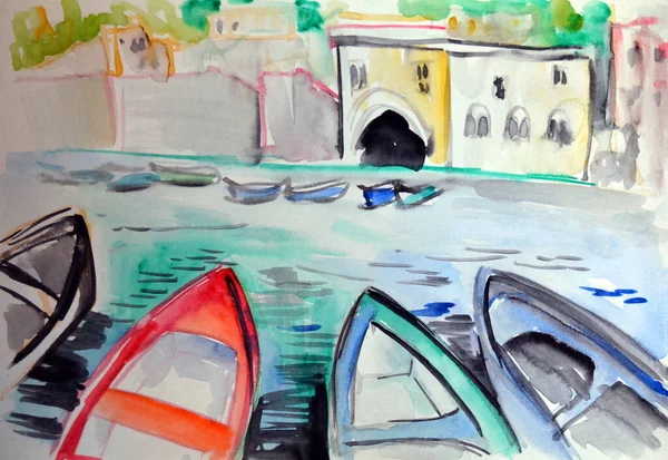 Handritning Akvarell Bild Gondoler Venedig Kanal — Stockfoto