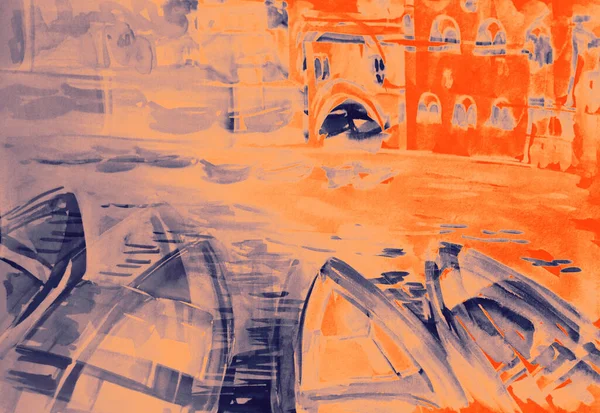 Ручний Малюнок Акварельного Зображення Гондол Венеційному Каналі — стокове фото