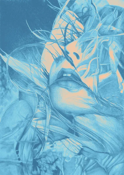 Kadın yüzünün elle çizilmiş suluboya resmi