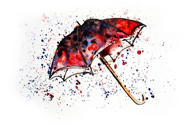 Ręczne Rysowanie Akwarela Obraz Parasola Pod Krople Deszczu — Zdjęcie stockowe