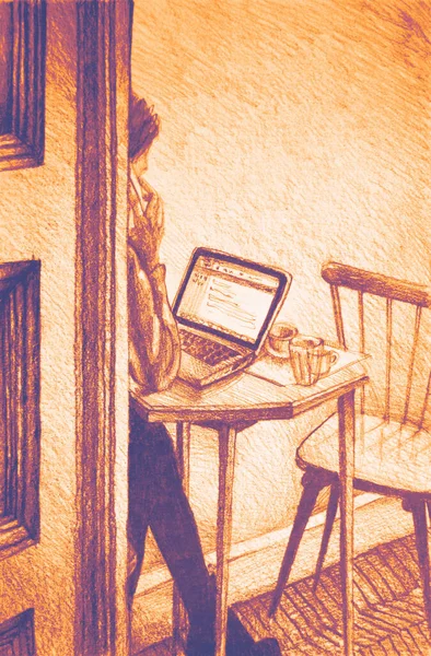 Kézrajz Akvarell Kép Személy Dolgozik Laptop Számítógép Kávézóban — Stock Fotó