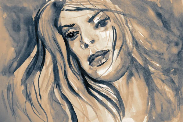 Рука Малює Акварельну Картину Жіночого Обличчя Довгим Волоссям — стокове фото
