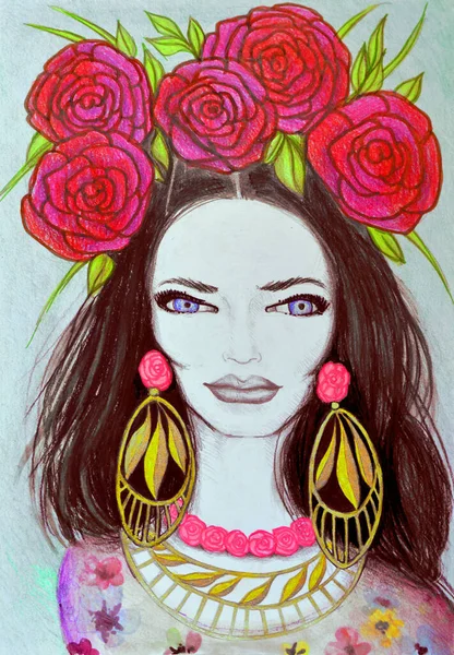 Quadro Acquerello Disegnato Mano Ragazza Con Fiori Nei Capelli — Foto Stock