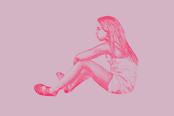 Elle çizilmiş suluboya resim yerde oturan genç kız