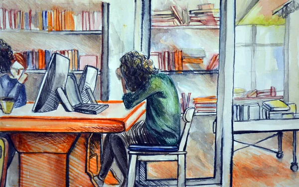 Ручной Рисунок Акварели Людей Работающих Офисе — стоковое фото