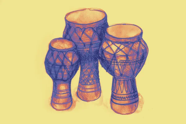 Ручная Рисованная Акварель Африканских Барабанов — стоковое фото