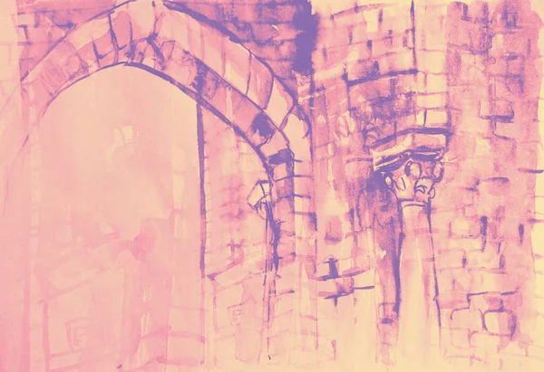 Hand Drawing Watercolor Picture Ancient Castle Arch — Stock Photo, Image