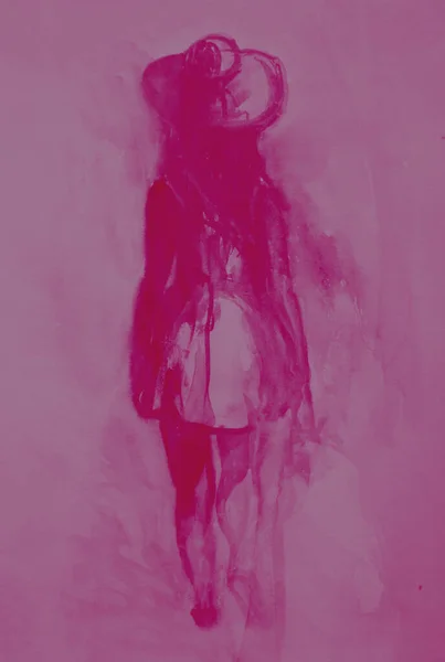 Ручной Рисунок Акварели Спине Девушки Шляпе Платье — стоковое фото