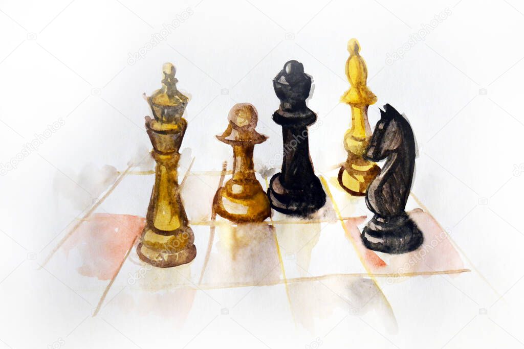 Hand drawing watercolor picture of part of chess figures