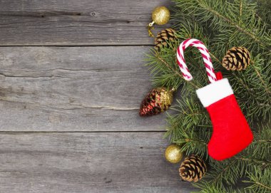 Çam ağacı ve Noel takı ahşap arka plan üzerinde.