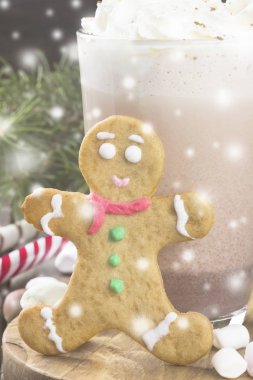 Krem ve gingerbread karanlık bir arka plan üzerinde sıcak kakao fincan