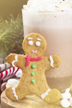 Krem ve gingerbread karanlık bir arka plan üzerinde sıcak kakao fincan