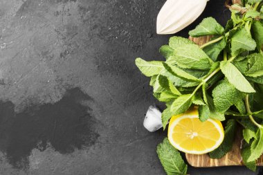 Malzemeler için limonata - limon, nane, buz üzerinde ahşap kesim 