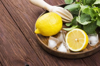 Limonata - limon, nane, için malzemeler üzerinde ahşap tepsi içinde buz bir 