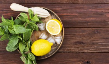 Limonata - limon, nane, için malzemeler üzerinde ahşap tepsi içinde buz bir 