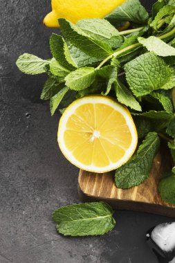 Malzemeler için limonata - limon, nane, buz üzerinde ahşap kesim 